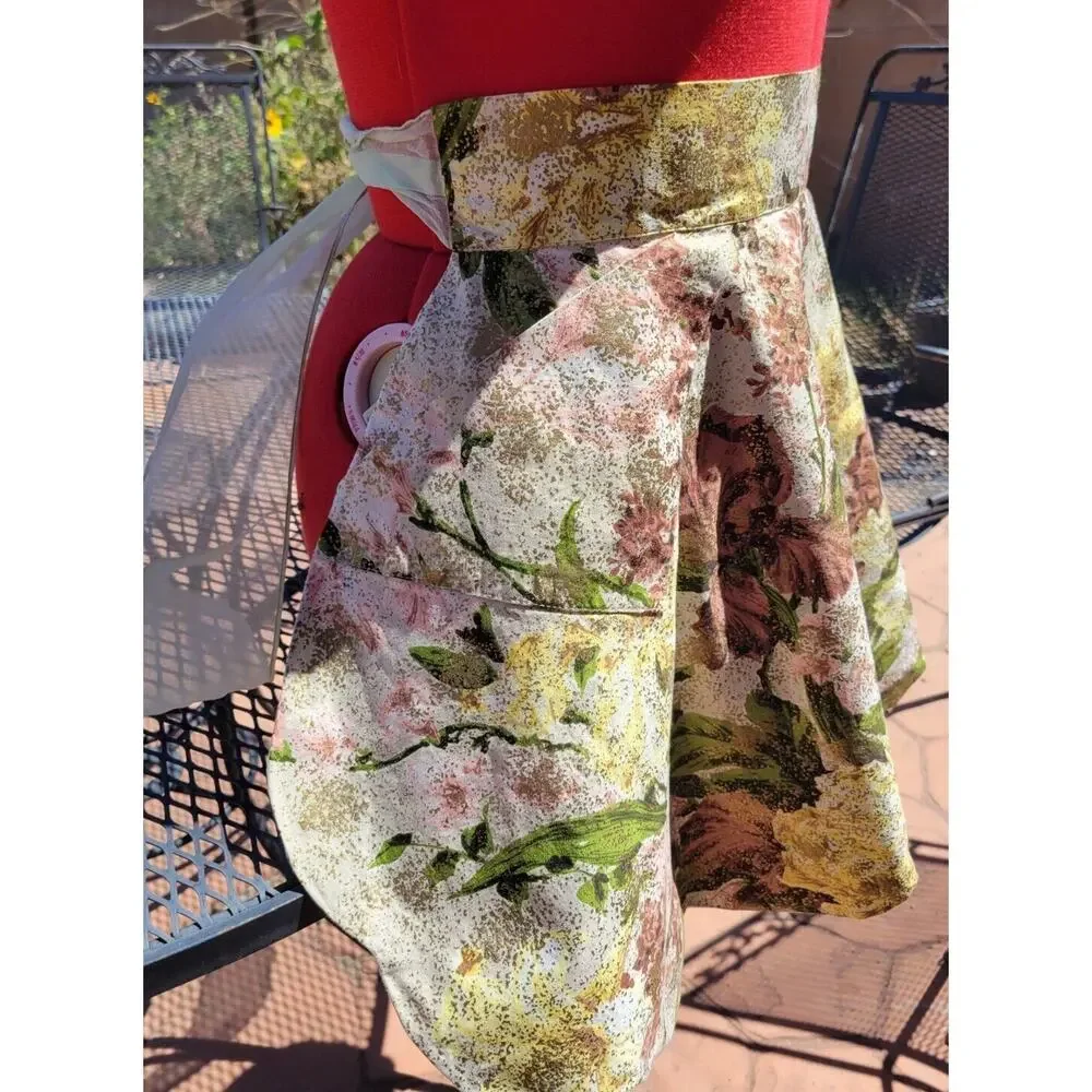 Vintage Reversible Chiffon Cotton Half Apron Gold Green Flowers Sexy MCM Hostess
